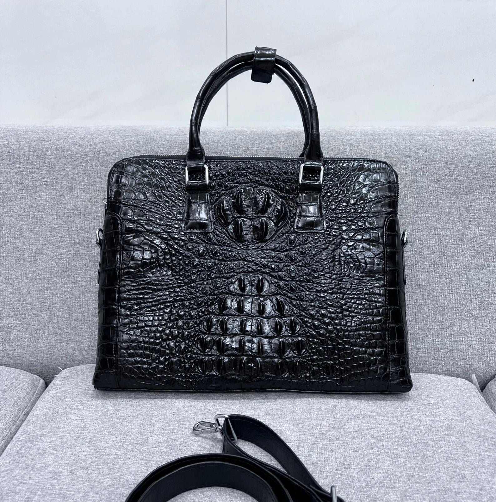 Black Alligator Genuine Leather Skin Men's Bag, Gift for him, Birthday gift mens, Luxury Leather Bag
